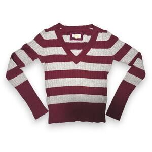 Vintage American Eagle Outfitters Gray/ Maroon Striped V-neck Sweater